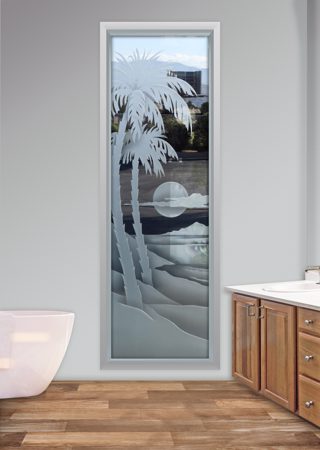 Window showcasing a Frosted Glass Palm Trees Design with Sandblast Etched Glass Art by Sans Soucie Palm Sunset Waves Design