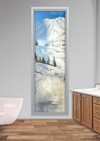 Window featuring a Frosted Glass Landscapes Design Sandblast Etched Glass Pine Falls Design by Sans Soucie
