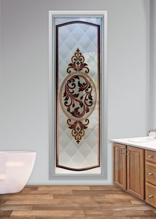 Window showcasing a Frosted Glass Traditional Design with Sandblast Etched Glass Art by Sans Soucie Royal Filigree Design