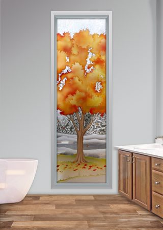 Window with a sandblast Frosted Glass Tree Design Custom-Designed Decorative Etched Glass