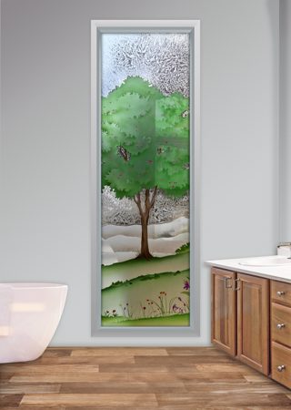 Window showcasing a Frosted Glass Tree Design with Sandblast Etched Glass Art by Sans Soucie Seasons Spring Design