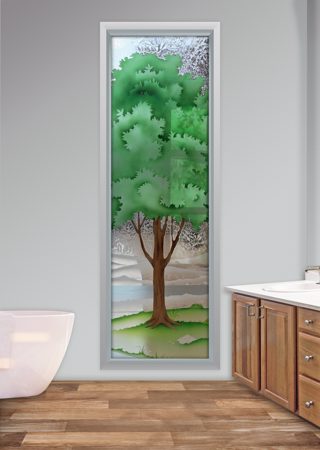 Window featuring a Frosted Glass Tree Design Sandblast Etched Glass Seasons Summer Design by Sans Soucie