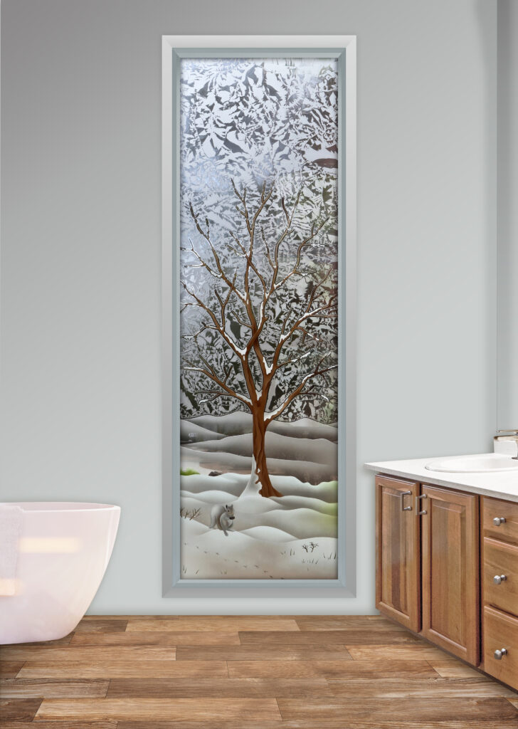 Painted frosted glass window with winter tree landscape design