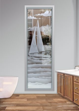 Window featuring a Frosted Glass Oceanic Design Sandblast Etched Glass Setting Sail Design by Sans Soucie