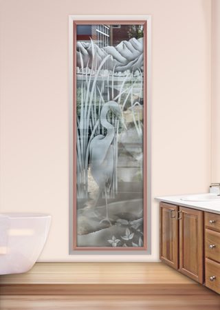 Window featuring a Frosted Glass Wildlife Design Sandblast Etched Glass Shy Egret Design by Sans Soucie