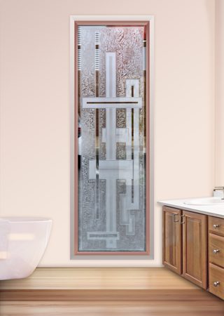 Window showcasing a Frosted Glass Geometric Design with Sandblast Etched Glass Art by Sans Soucie Stacked Bands Design