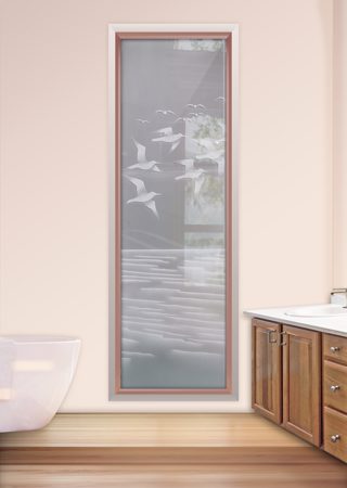 Window showcasing a Frosted Glass Oceanic Design with Sandblast Etched Glass Art by Sans Soucie Swallows Design