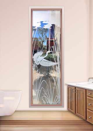 Window showcasing a Frosted Glass Wildlife Design with Sandblast Etched Glass Art by Sans Soucie Swooping Egret Design