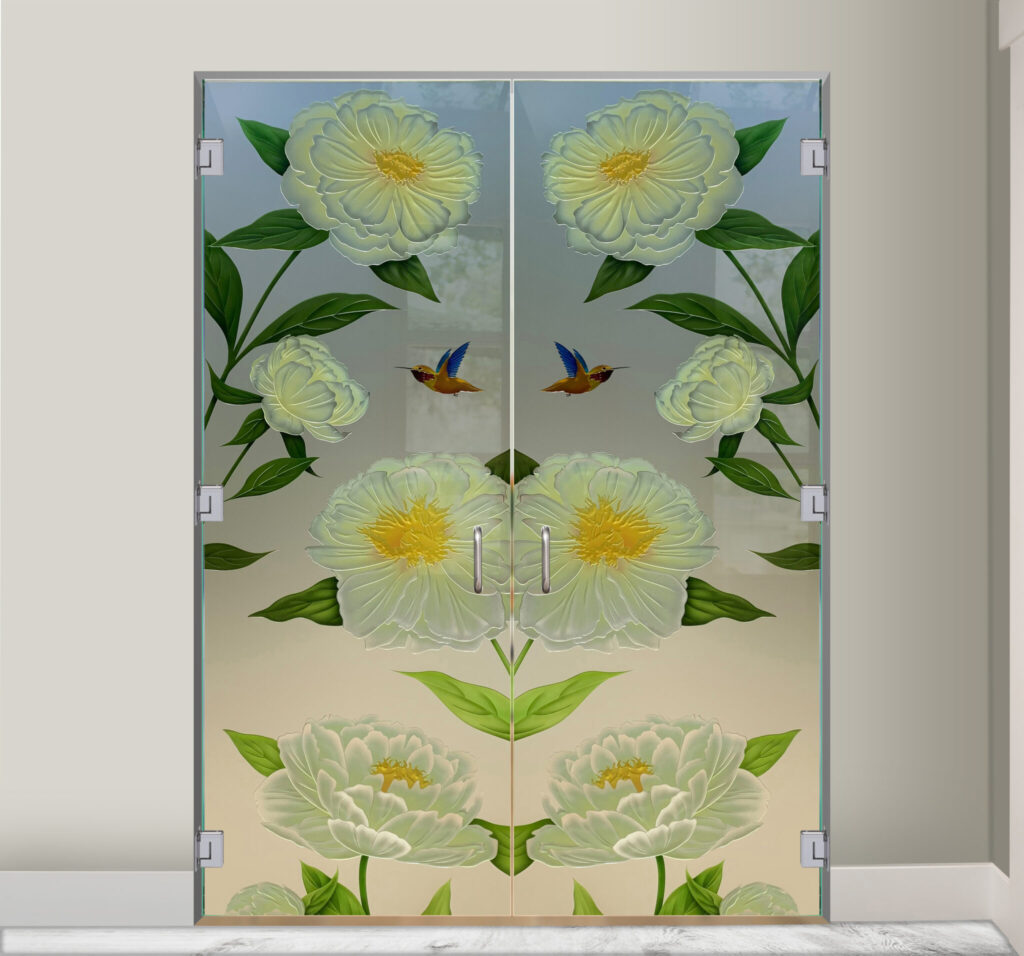 interior glass doors Peonies Private 3D Enhanced Painted Frosted Interior glass Double Doors Frameless Glass Door