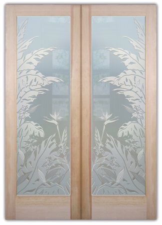 Interior Door with a sandblast Frosted Glass Tropical Design Custom-Designed Decorative Etched Glass