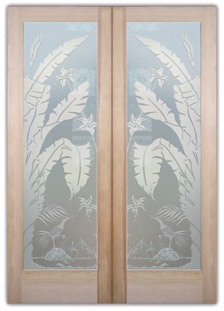 Interior Door featuring a Frosted Glass Tropical Design Sandblast Etched Glass Natural Wonders Design by Sans Soucie