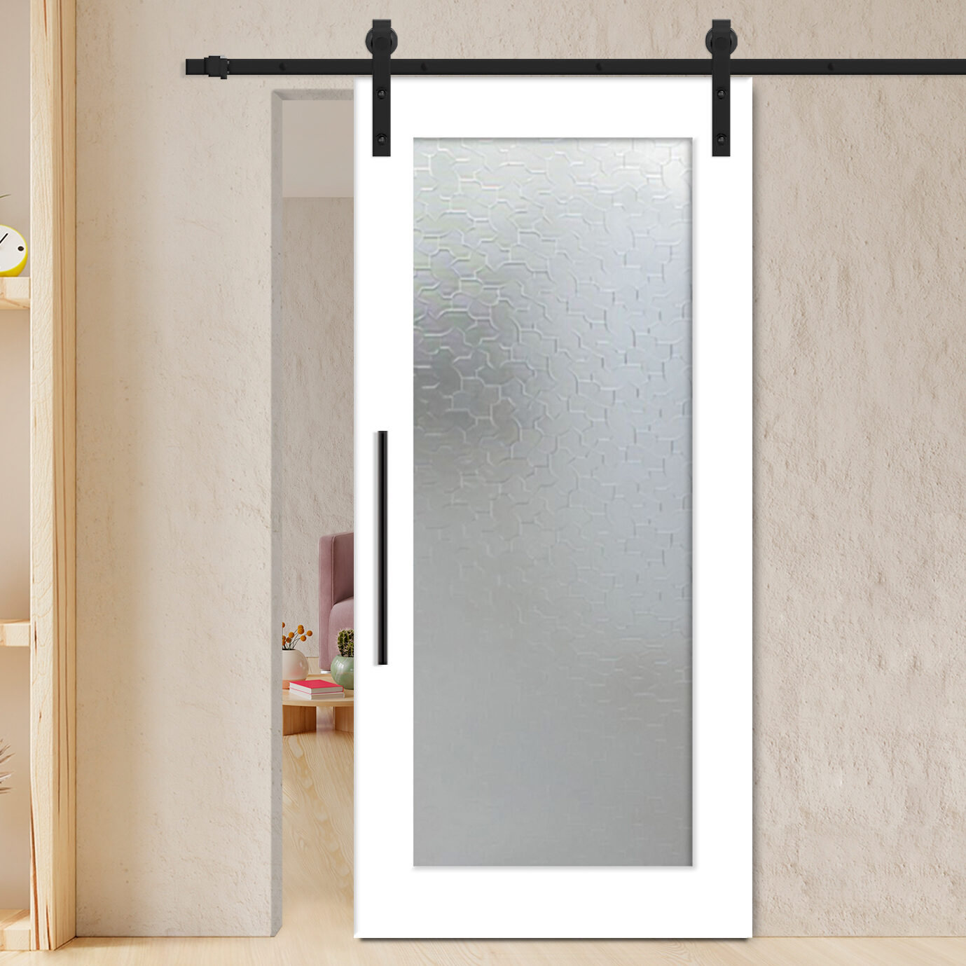 interior glass door sliding glass barn door with Textured Glass white frame single panel