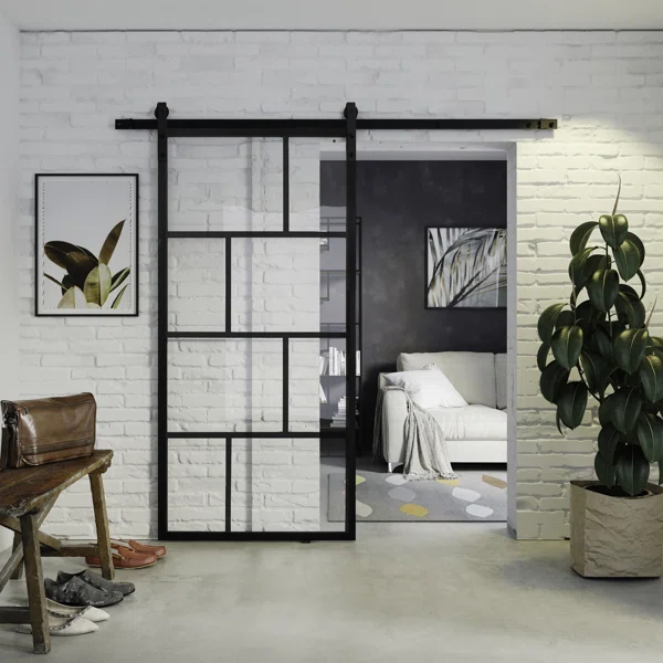 Metal Framed Sliding Glass Barn Door with Multiple Panel Glass Interior Modern Clear Glass Barn Door