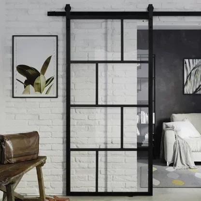 Metal Framed Sliding Glass Barn Door with Multiple Panel Glass Interior Modern Clear Glass Barn Door