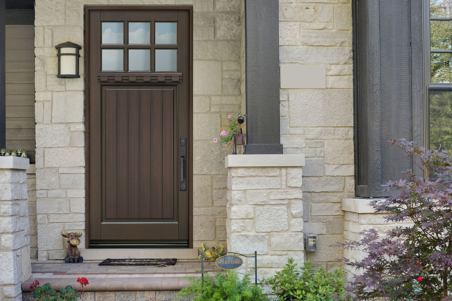 Craftsman style solid wood slab door exterior entry door with glass panels 