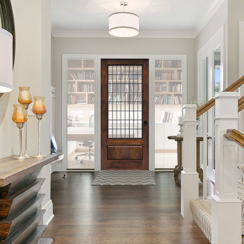 Interior Slab Door with Glass Panel and straight metal grid lines Rustic Style 