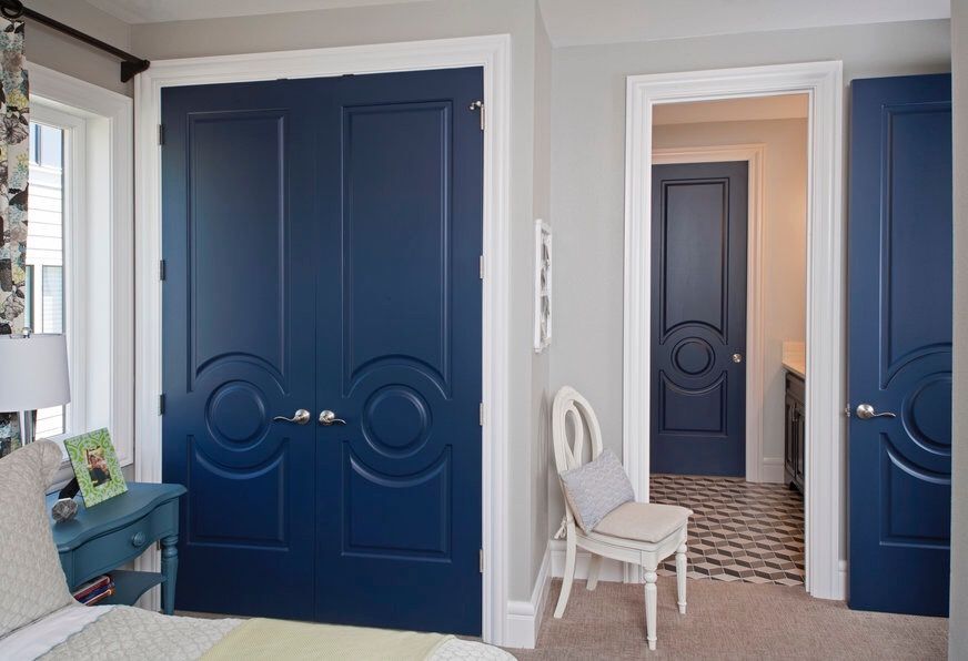 Blue interior solid wood slab doors French double doors