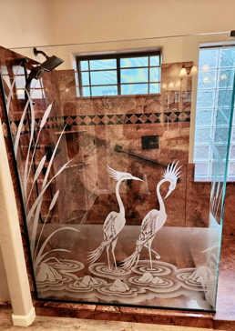 Semi-Private Shower Enclosure with Sandblast Etched Glass Art by Sans Soucie Featuring Cranes & Cattails Wildlife Design