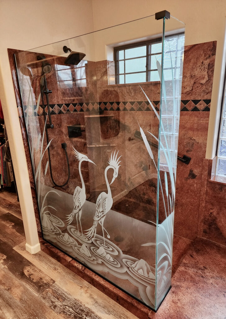 Etched glass panel featuring Cranes & Cattails design