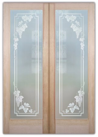 Interior Door featuring a Frosted Glass Grapes & Ivy Design Sandblast Etched Glass Vineyard Grapes Cascade Pair Design by Sans Soucie