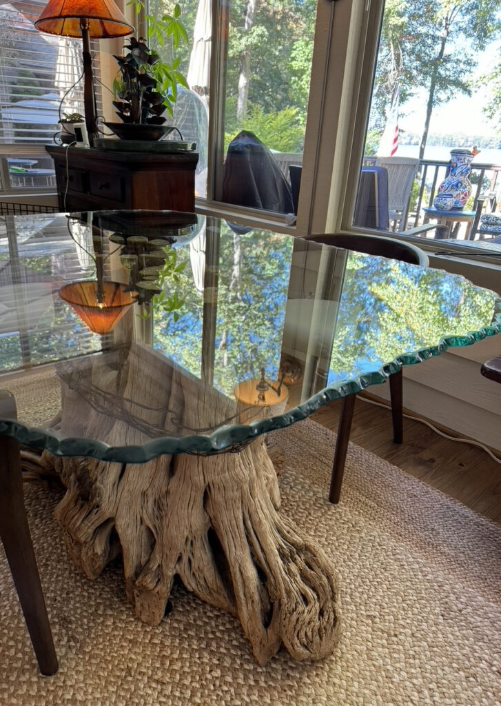 Custom dining table glass with unique wood base