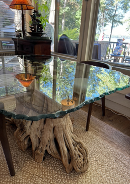 Glass Dining Table with a Frosted Glass Chipped Mitred Polished Edge Irregular Edges Design for Not Private by Sans Soucie Art Glass