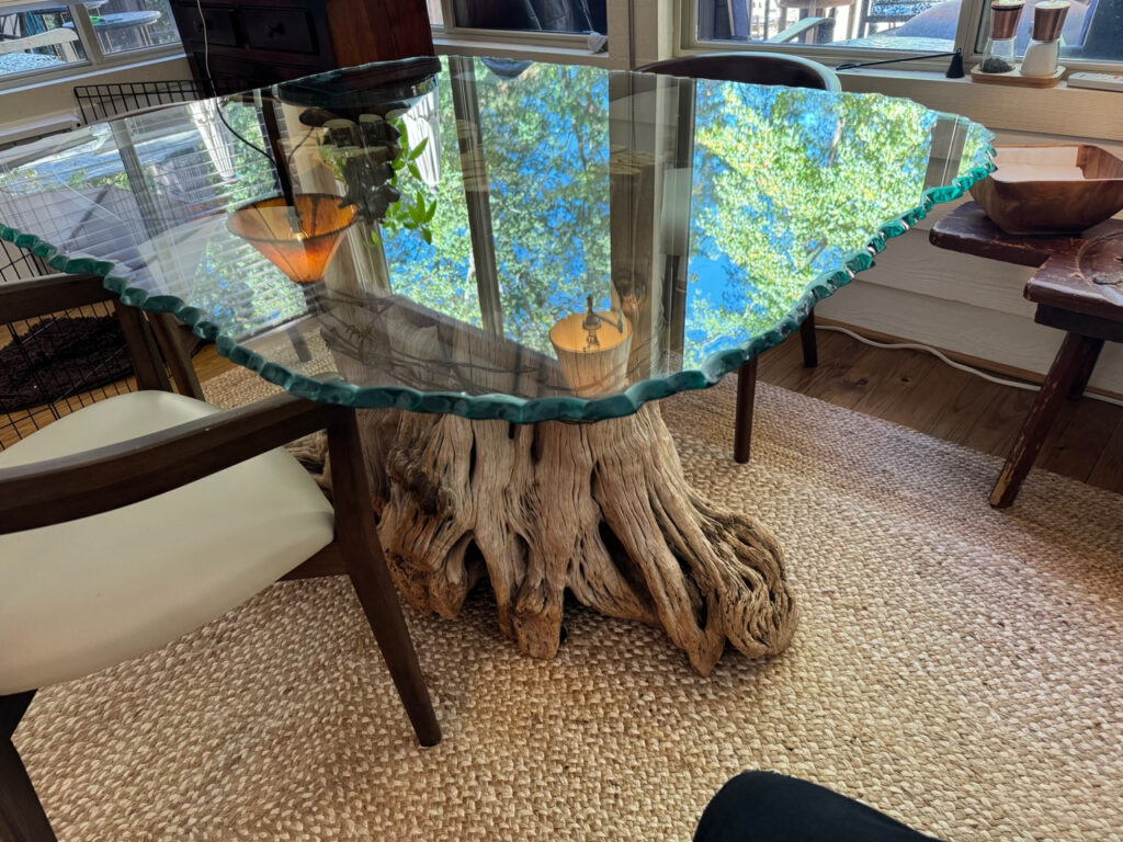 Custom dining table glass with beautiful wooden base