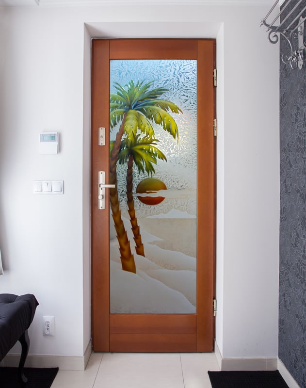 interior frosted glass door Palm Sunset Semi-Private 3D Enhanced Painted Gluechip Slab Prehung Interior Door Glass Interior Door Sans Soucie 