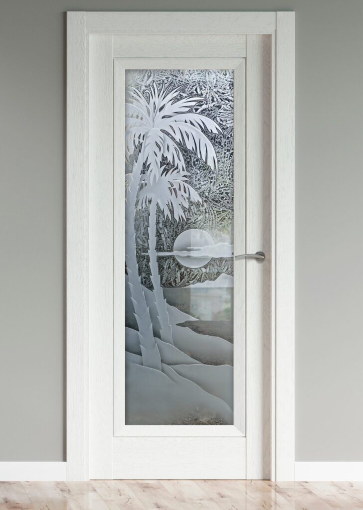 Palm Sunset Semi-Private 3D Enhanced Gluechip Glass Finish Palm Tree Pantry Door Coastal Pantry Doors