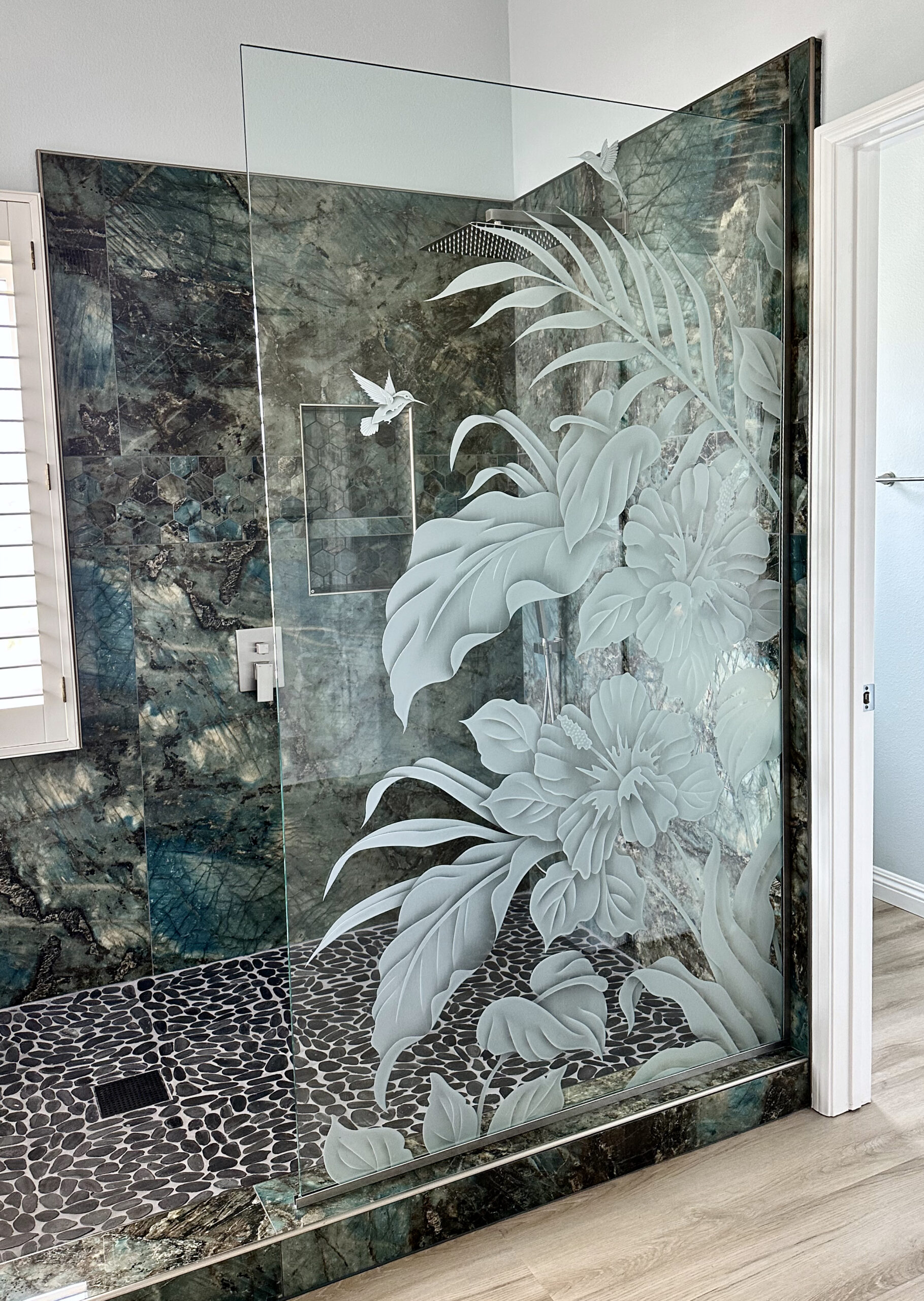 Hibiscus Anthurium Semi-Private 3D Enhanced Clear Glass Finish Tropical Decor Glass Shower Panel Sans Soucie