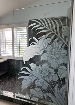 Handmade Sandblasted Frosted Glass Shower Partition for Semi-Private Featuring a Tropical Design Hibiscus Anthurium by Sans Soucie