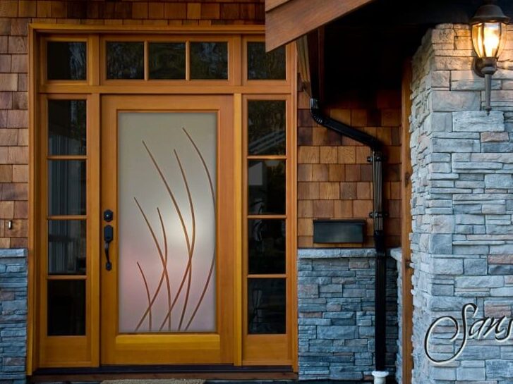 Sleek Arcs Private 3D Enhanced Painted Frosted Glass Entry Door Exterior Glass Doors Sans Soucie