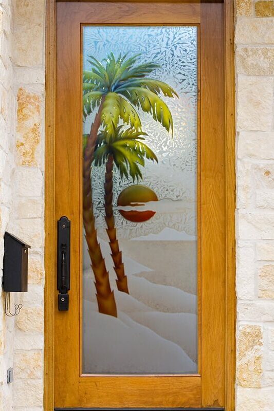 Palm Sunset Semi-Private 3D Enhanced Painted Gluechip Glass Doors 
