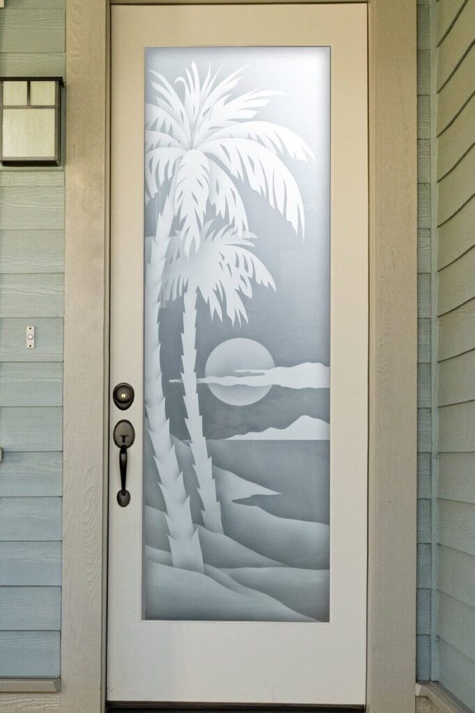 glass front door with palm tree sunset design, etched tropical scene with private glass background