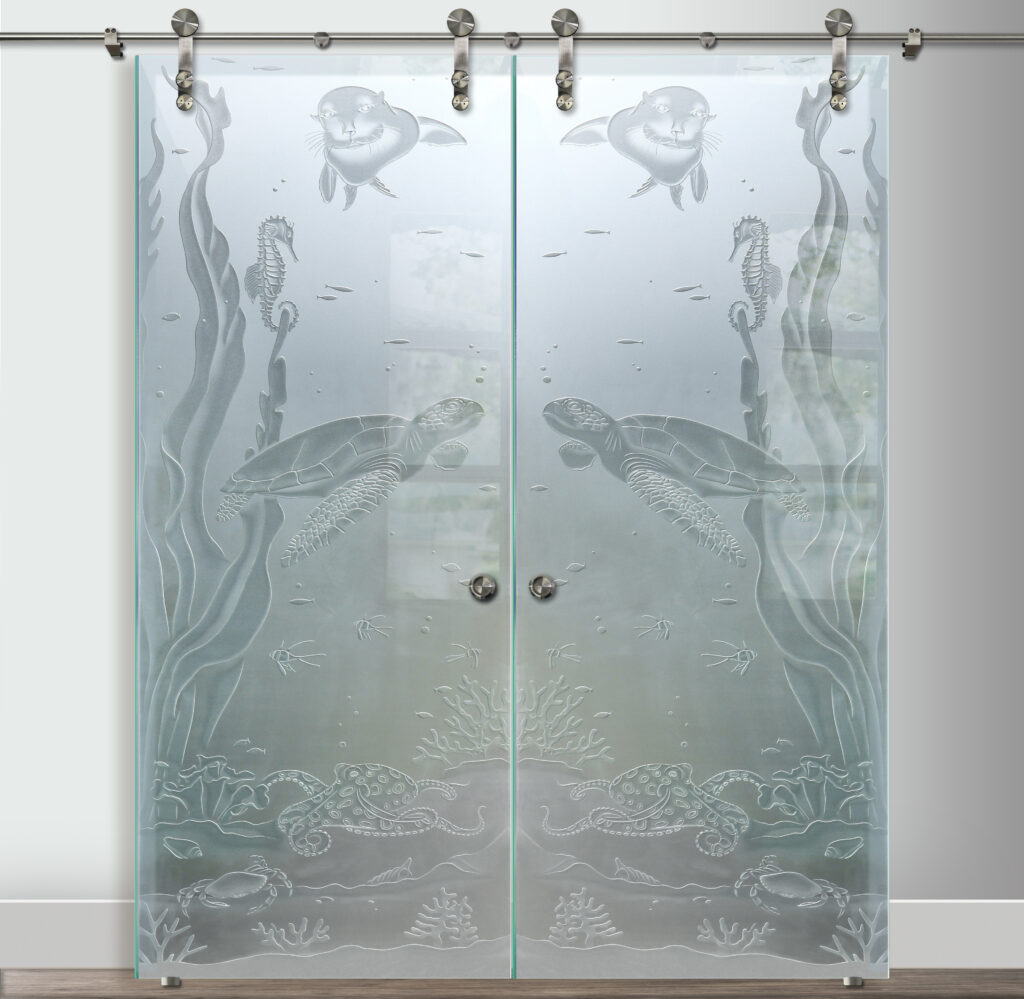 Double Barn Doors with Glass Aquarium Sea Life 3DE Private Sans Soucie Art Glass