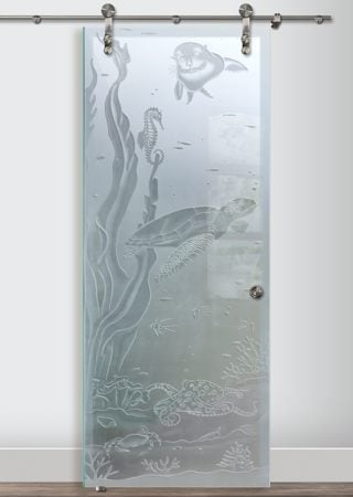Glass Barn Door with a Frosted Glass Aquarium Sea Life Wildlife Design for Private by Sans Soucie Art Glass
