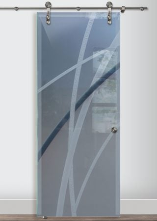 Glass Barn Door showcasing a Frosted Glass Geometric Design with Sandblast Etched Glass Art by Sans Soucie Arcos Design