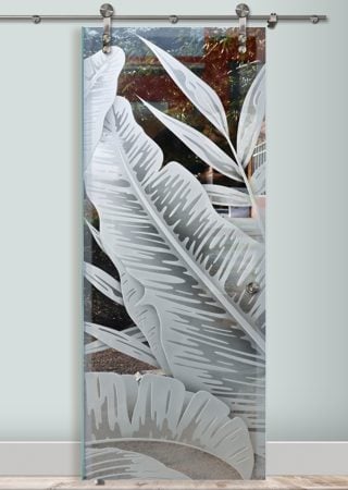 Glass Barn Door with a sandblast Frosted Glass Tropical Design Custom-Designed Decorative Etched Glass