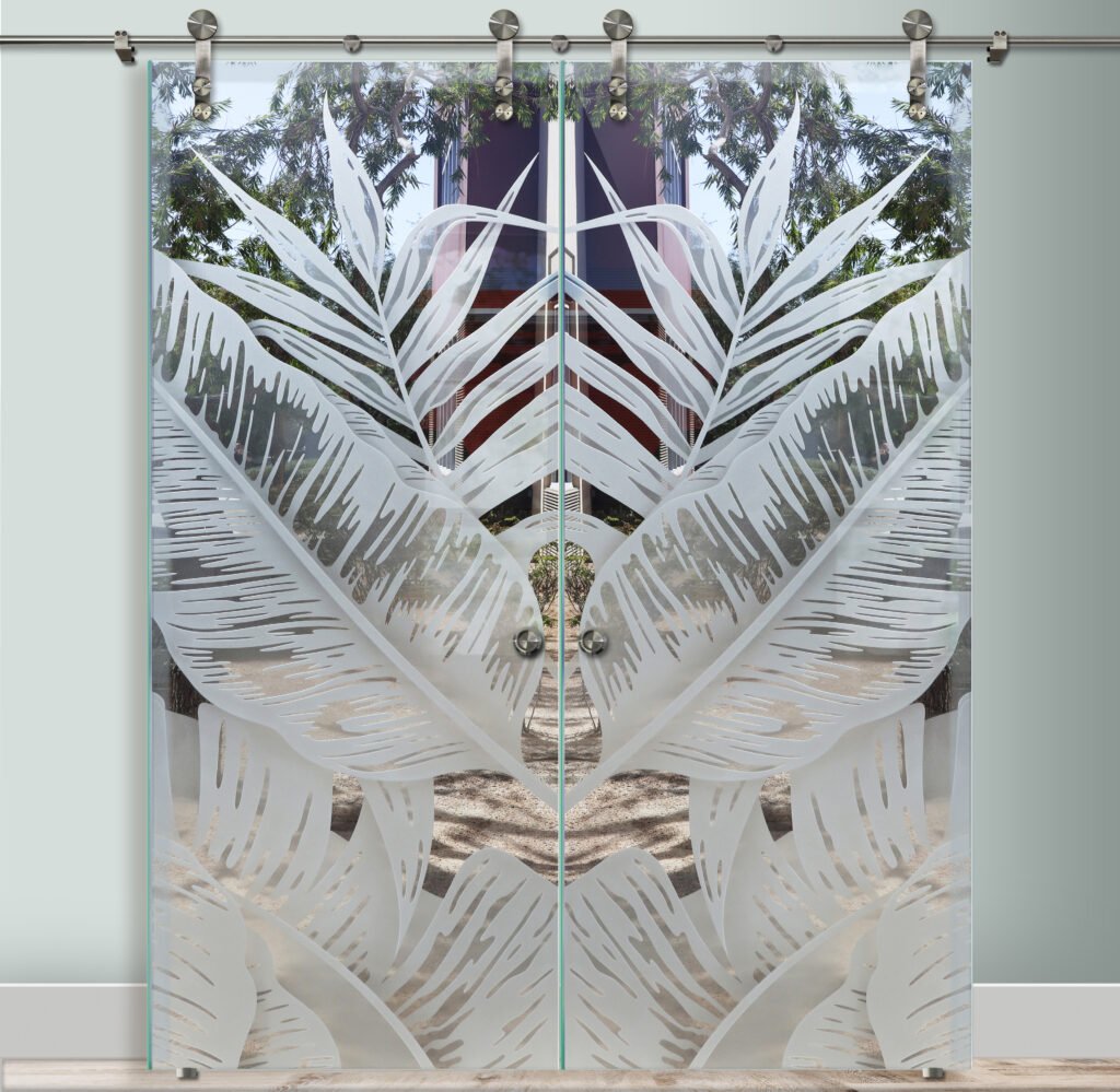 Bahama Leaves III Not Private 3D Misted Clear Glass Finish Sliding Glass Front Doors Beach Decor Sans Soucie