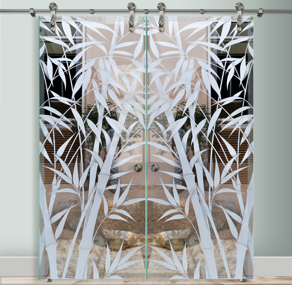 Double Barn Doors with Glass Bamboo Shoots 3DE Semi-Private Sans Soucie Art Glass