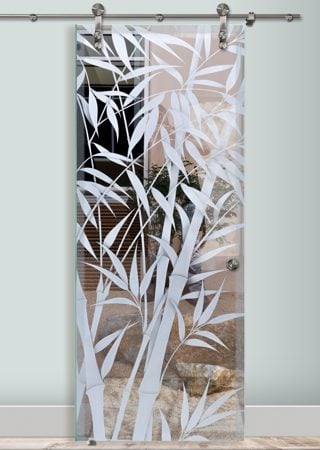 Glass Barn Door with a Frosted Glass Bamboo Shoots IV Asian Design for Semi-Private by Sans Soucie Art Glass