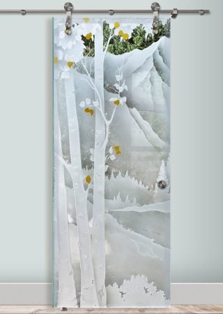 Glass Barn Door featuring a Frosted Glass Landscapes Design Sandblast Etched Glass Birch in the Rockies Design by Sans Soucie