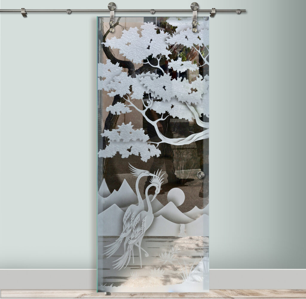 Bonsai Cranes & Cattails Semi-Private 3D Enhanced Clear Glass Finish Wildlife Scene Glass Barn Doors Sans Soucie