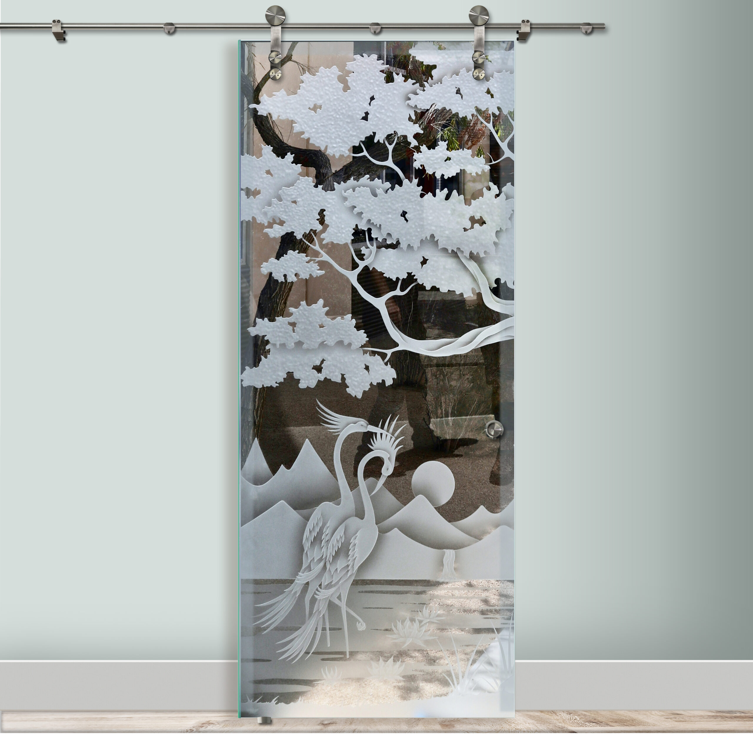 Frosted Glass Barn Door featuring carved cranes and cattails for a serene, nature-inspired style.