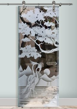 Glass Barn Door with a Frosted Glass Bonsai Cranes & Cattails Asian Design for Semi-Private by Sans Soucie Art Glass