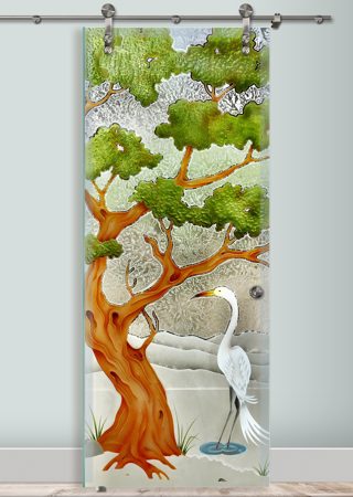 Glass Barn Door showcasing a Frosted Glass Asian Design with Sandblast Etched Glass Art by Sans Soucie Bonsai Egret Design