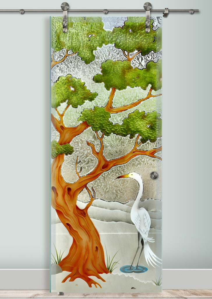 Custom Glass Barn Doors Bonsai Egret 3D Enhanced Painted Gluechip Sliding Frosted Glass Doors Asian Decor Sans Soucie