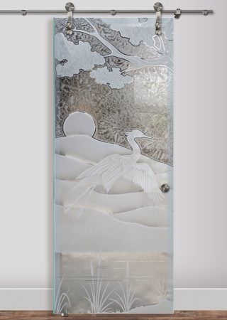 Glass Barn Door with a sandblast Frosted Glass Asian Design Custom-Designed Decorative Etched Glass
