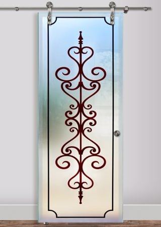 Glass Barn Door with Frosted Glass Wrought Iron Carmona Design by Sans Soucie