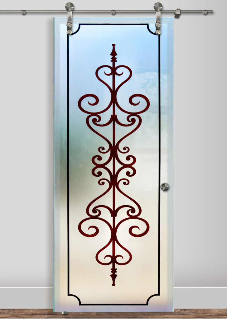 Etched glass barn door with Traditional Scrollwork glass design pattern